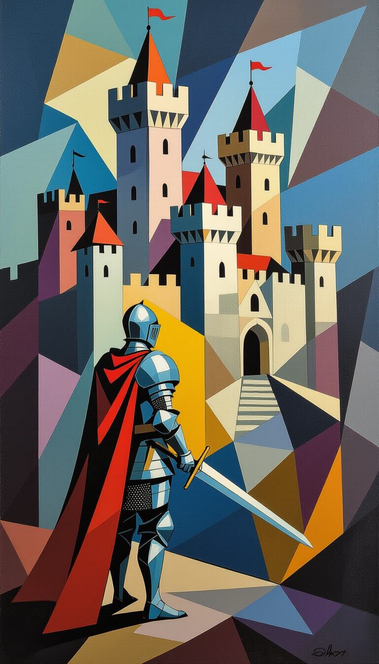 Cubist Knight Before Medieval Castle