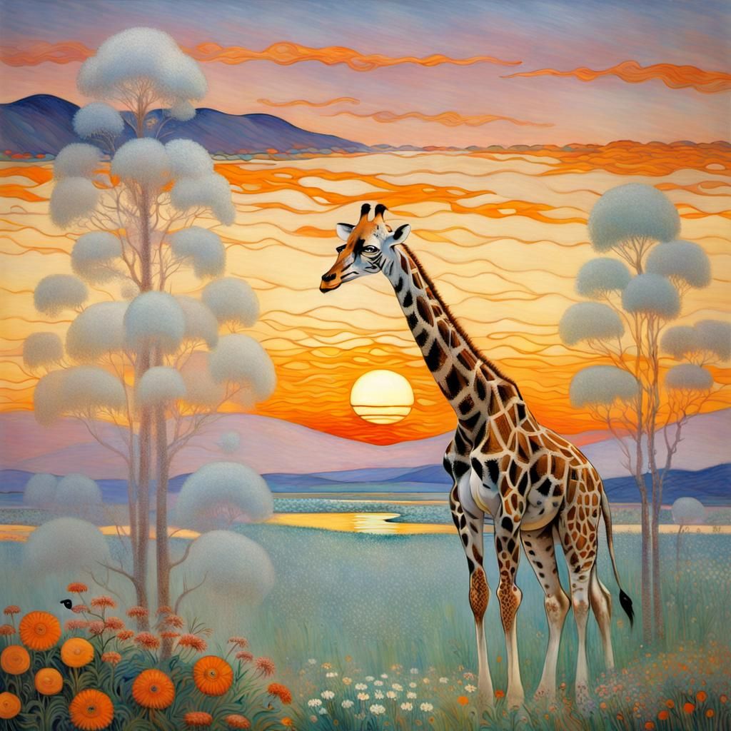 Giraffe, Tiger, Penguins in Klimt-Inspired Floral Sunset