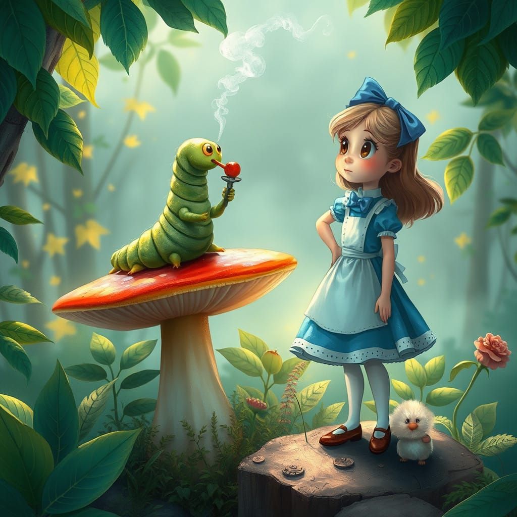Whimsical Wonderland Scene with Hookah-Smoking Caterpillar a...