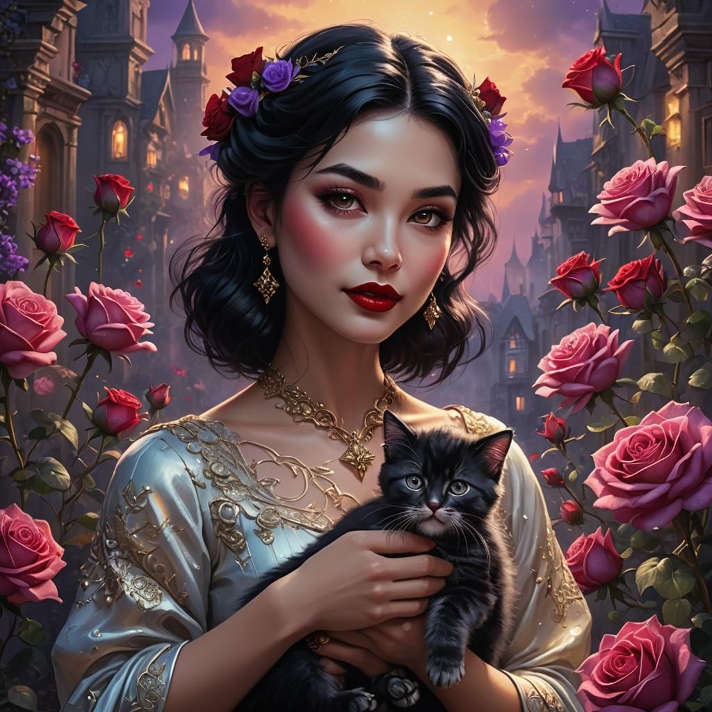 Happy Girl with Kitten and Roses: Digital Painting