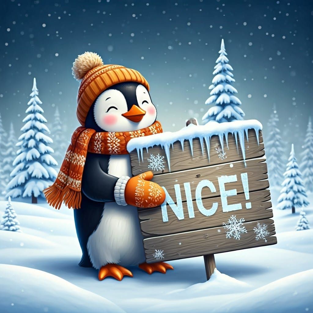 Warm Penguin Embracing Winter Wonderland Sign