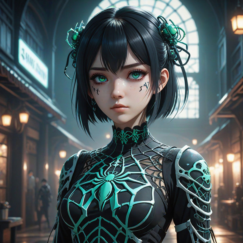 Bold Emo Girl with Skeleton Spider Motifs in Gothic Lolita S...