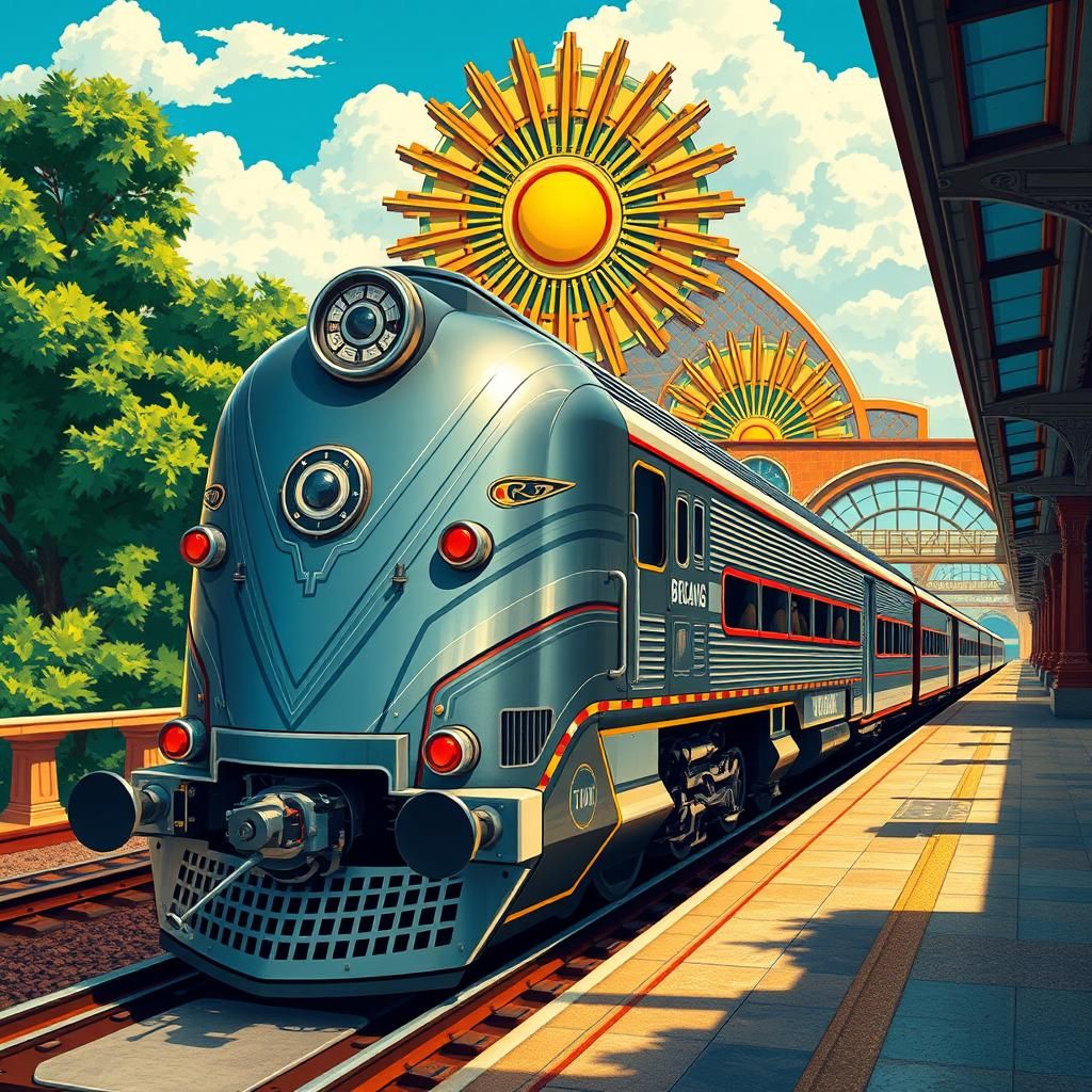 Elegant Art Deco Railway Engine at Station