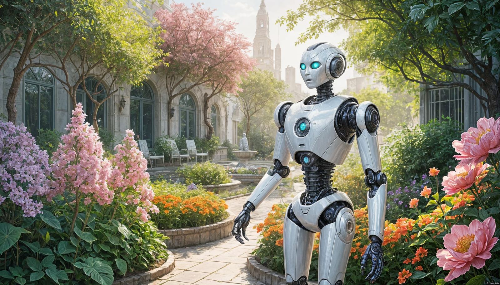 Robot in Harmonious Neo-Impressionist Garden