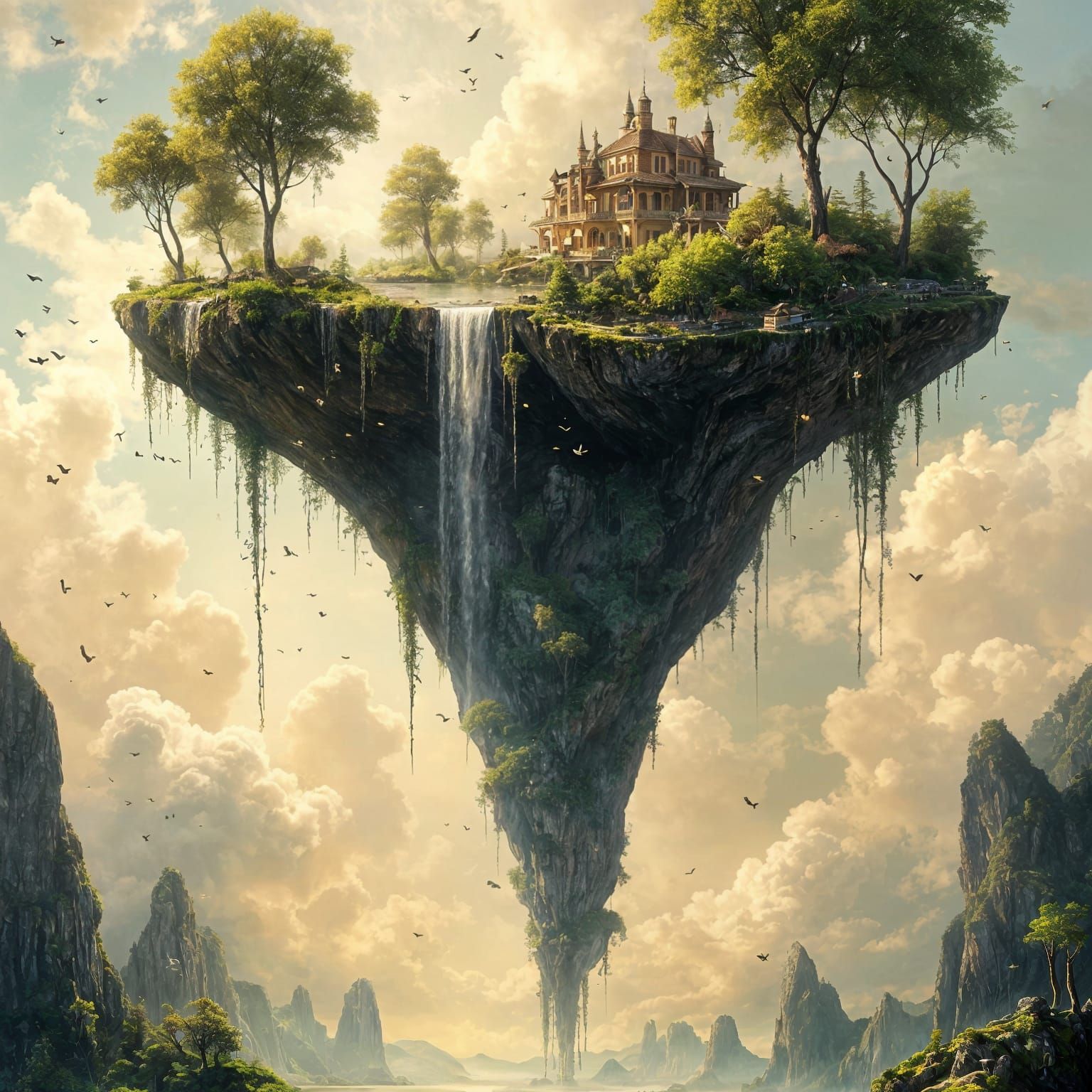 Upside-Down Floating Island in Magical Sky
