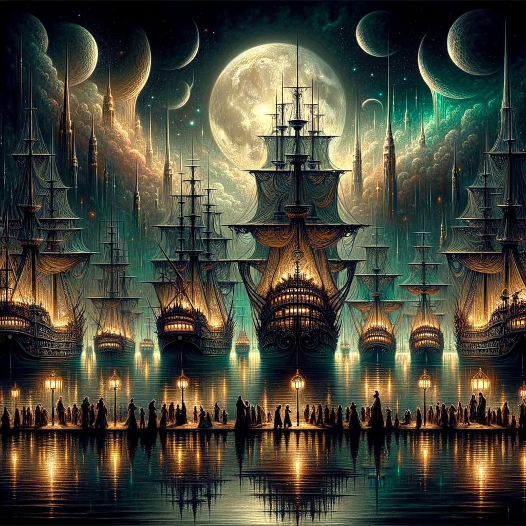 Mysterious Gothic Harbor at Night Under Moonlight