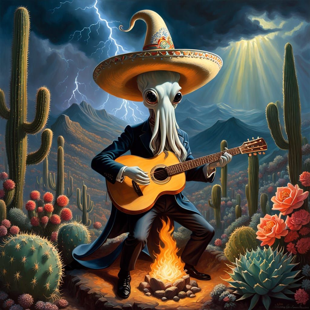 Grotesque Squid Sorcerer in Sombrero, Surreal Oil Painting