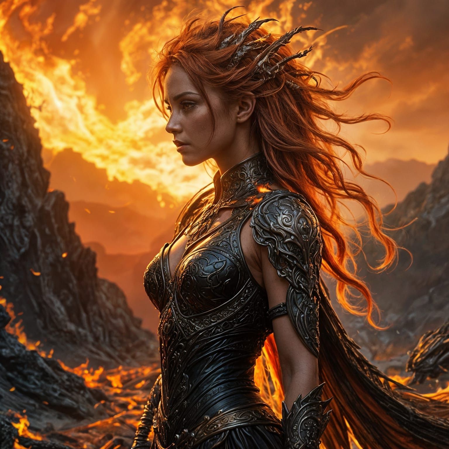 Fiery Dragon Girl with Flowing Hair: Detailed Art