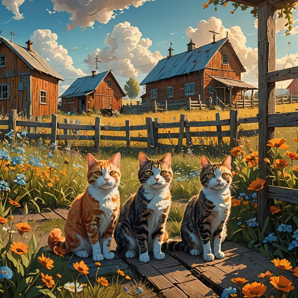 Cats Farting in a Sunny Farmyard, Digital Matte Painting