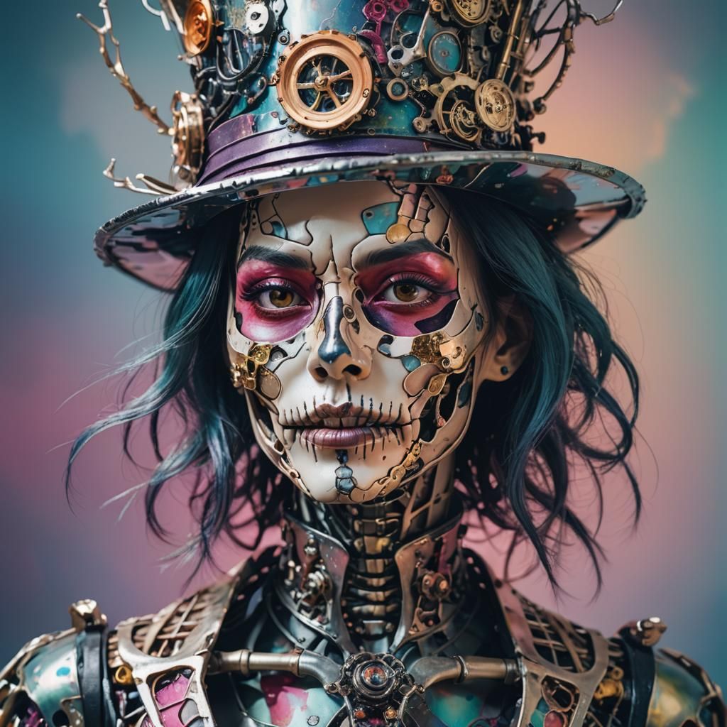 Asian Cyborg Mad Hatter Double Exposure Portrait