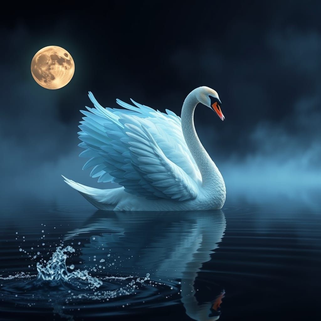 Ethereal Swan Dances Across Dreamlike Moonlit Lake