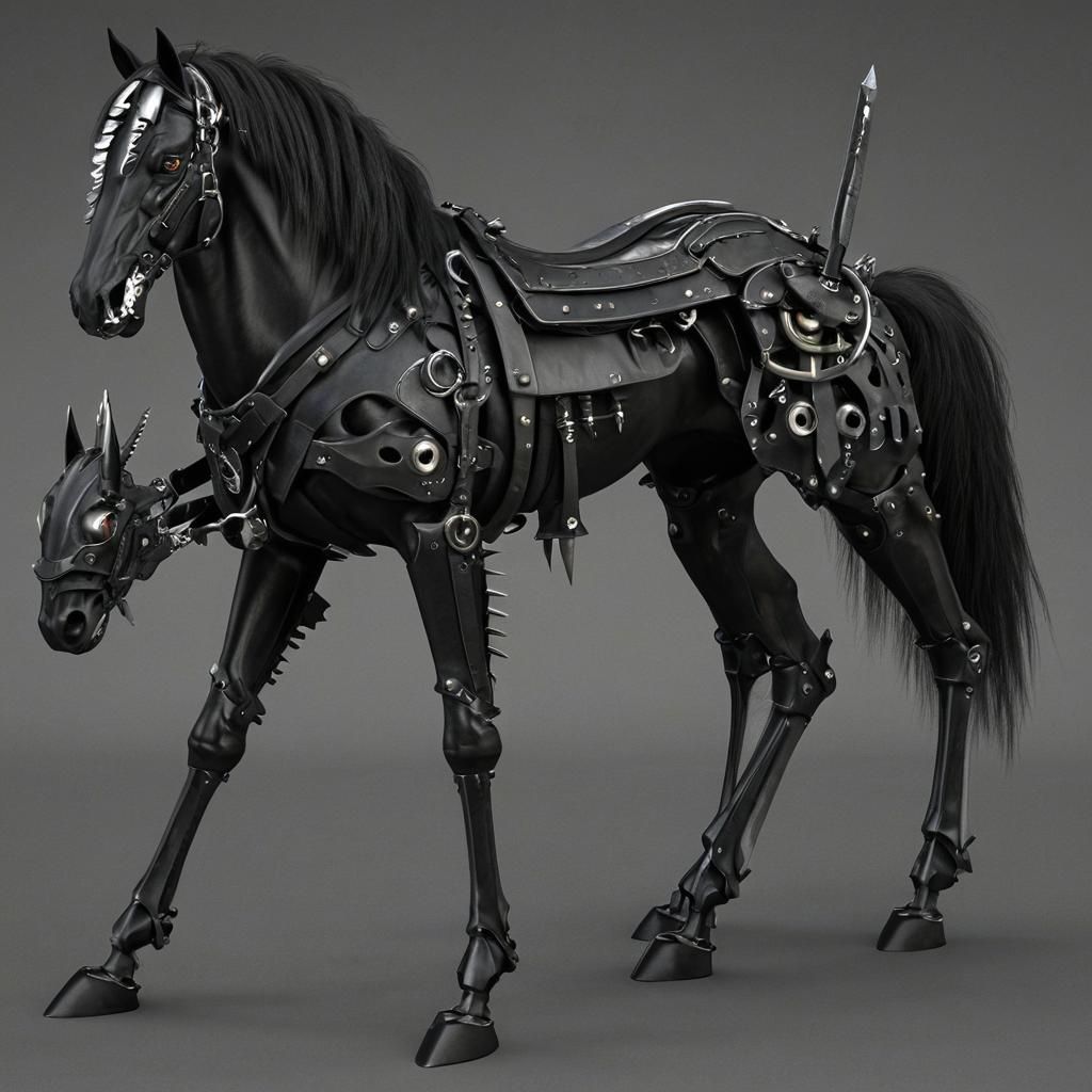 Biopunk black horse, white eyes, steel teeth, razor sharp swords for legs