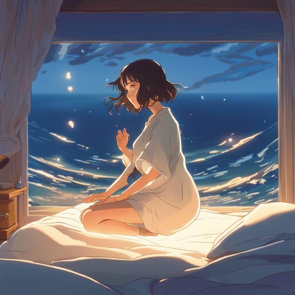 Anime Woman Soul Surfing in Bed, Ghibli Style