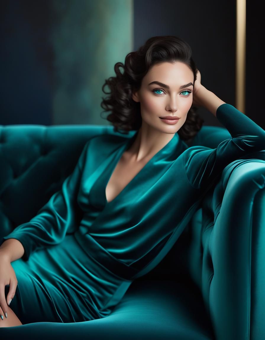 Elegant Woman with Teal Eyes on Velvet Sofa