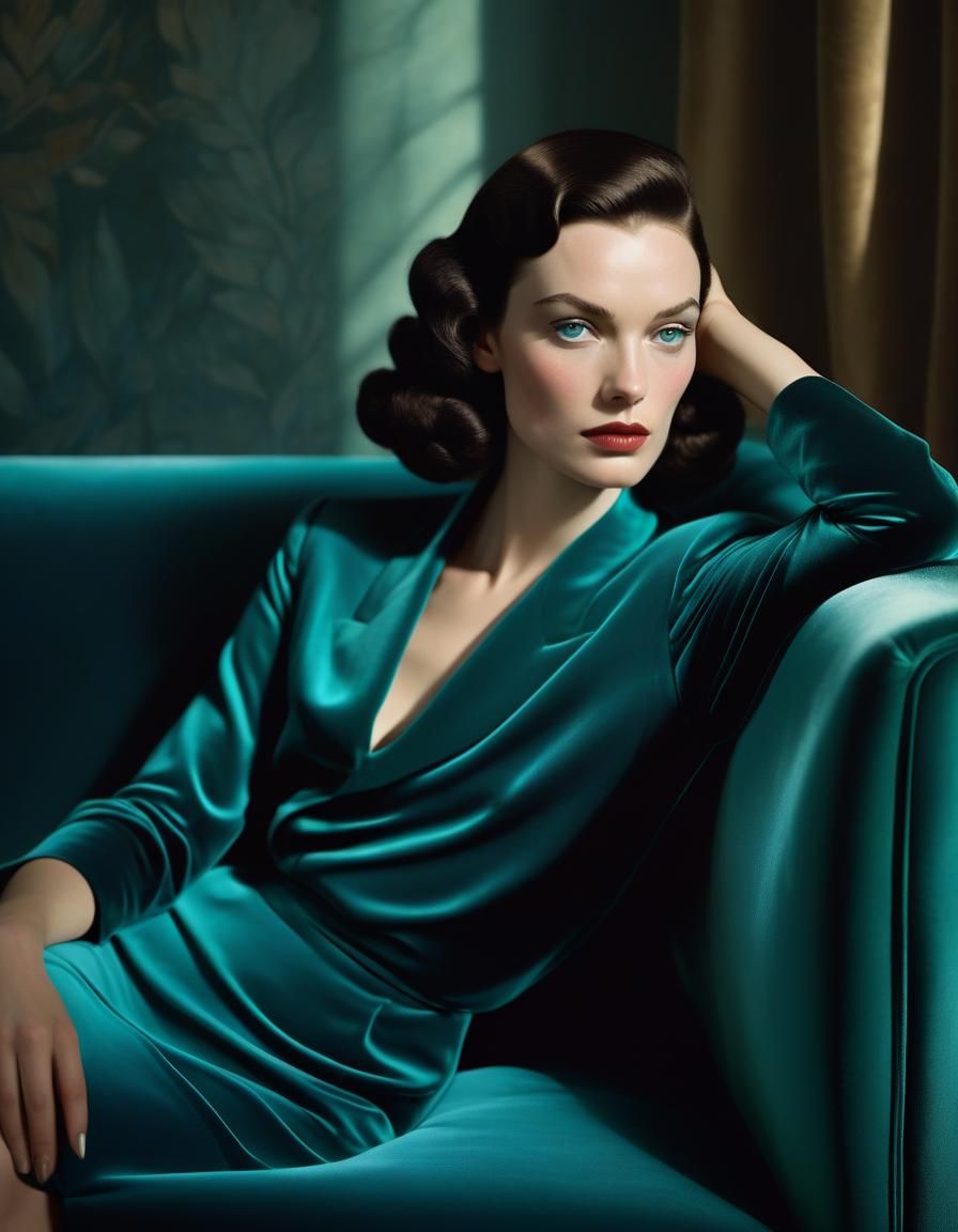 Elegant Woman on Velvet Sofa: Hollywood Glamour