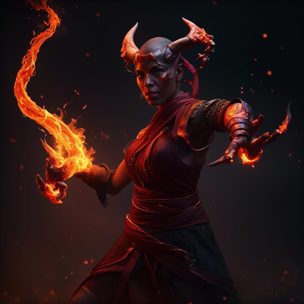 Fiery Tiefling Monk in Combat