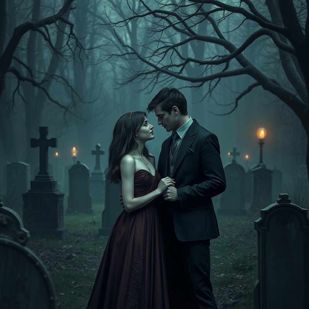 Gothic Soulmates in Graveyard: A Realistic Scene