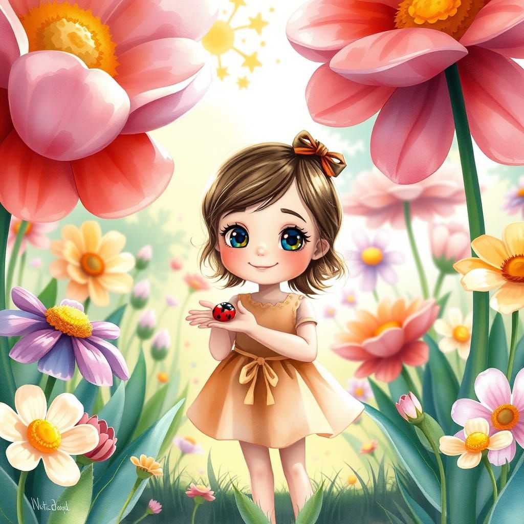 Girl Holding Ladybug in Fantasy Flower Park