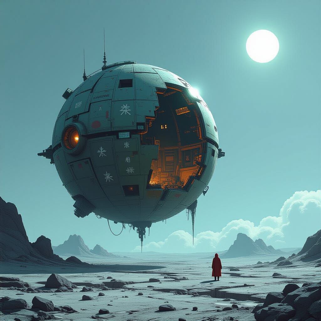 Damaged Space Freighter in Orbit: Moebius and Syd Mead Style