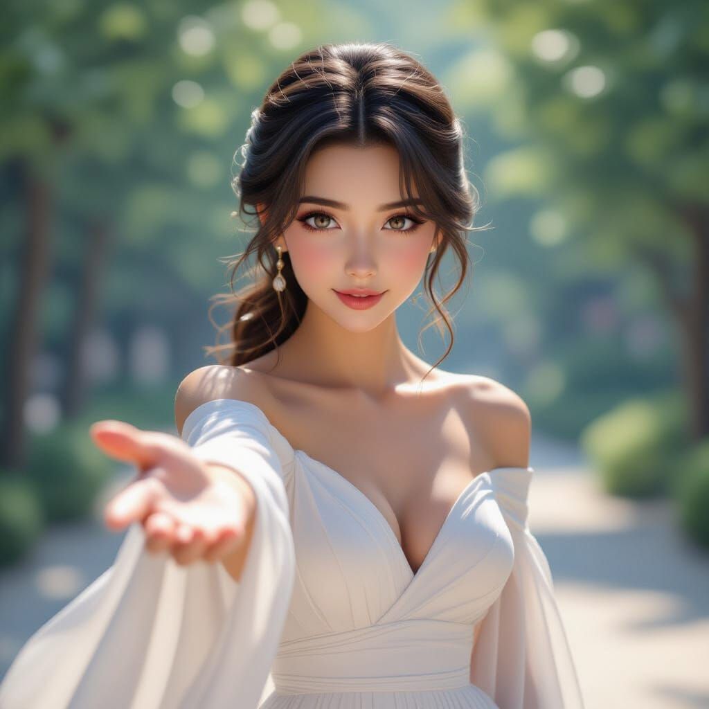 Beautiful Woman in White Dress Offers Help in 3D Anime Style