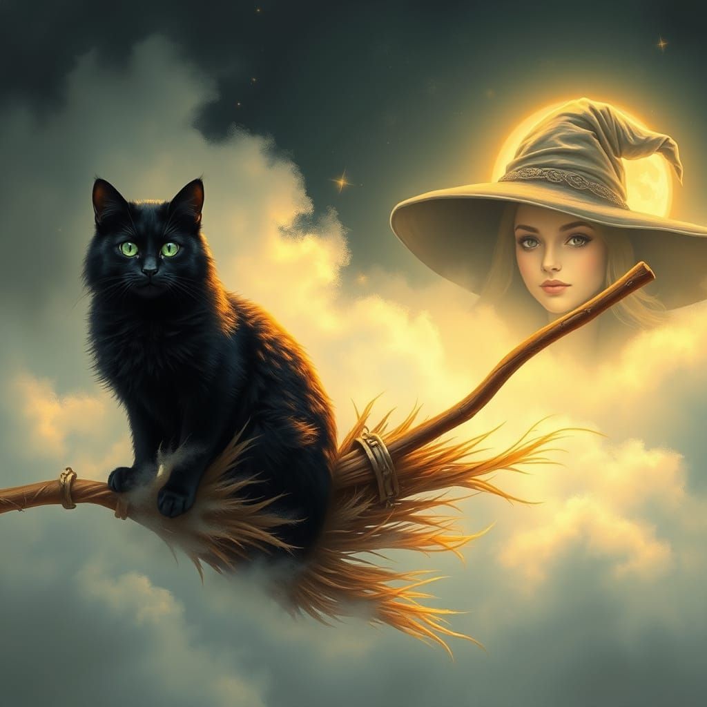 Regal Black Cat Surrounded by Whimsical Clouds in a Dreamlik...