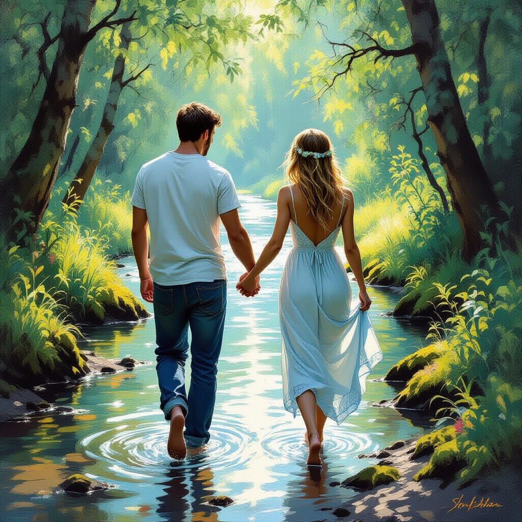Couple Walks by Mossy Riverbank in Sunlit Forest