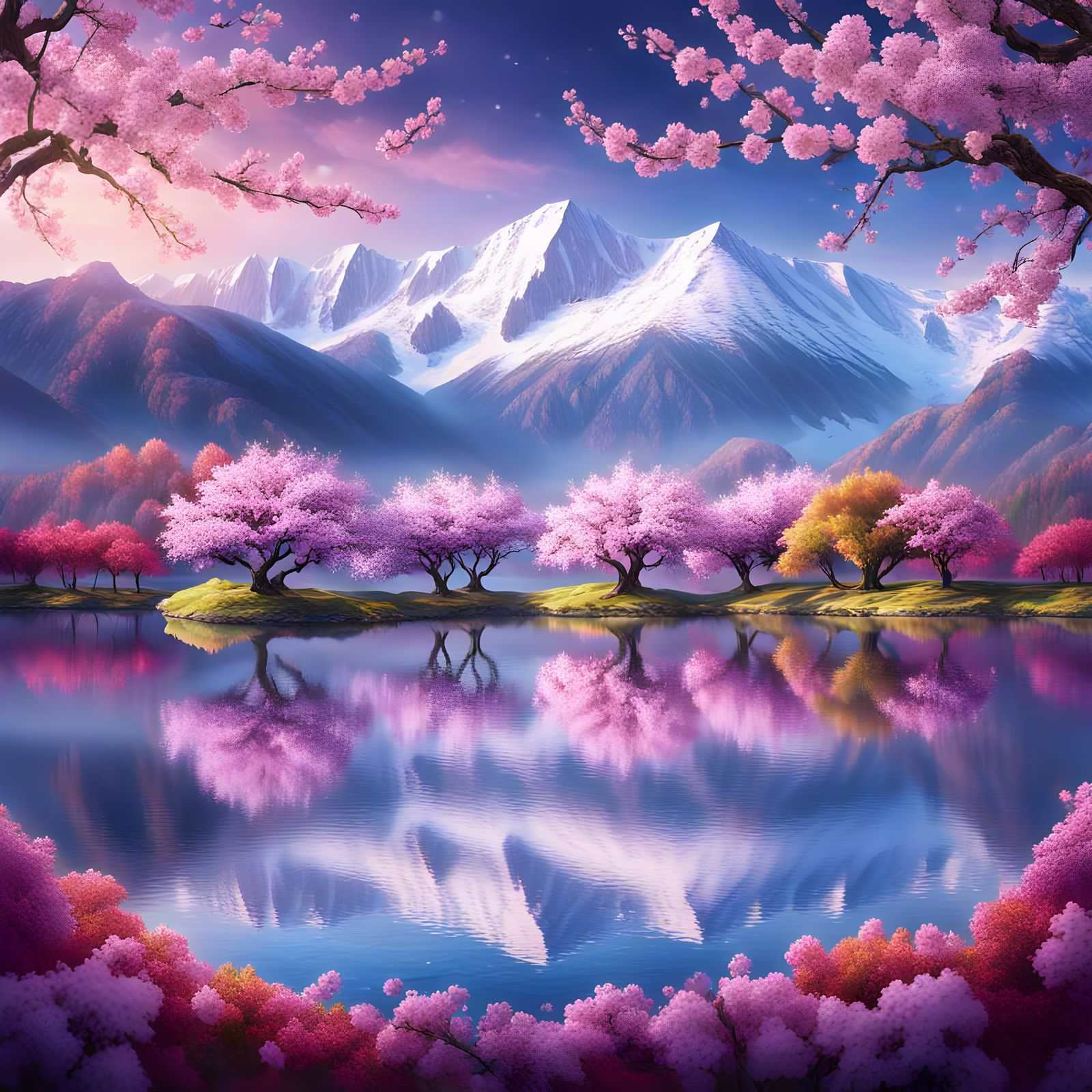 Vibrant Cherry Blossoms and Snow-Capped Mountains