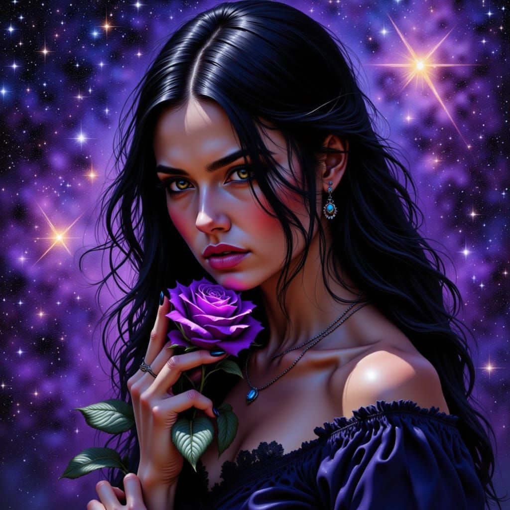 Fantasy Cowgirl with Rose in Starry Galaxy