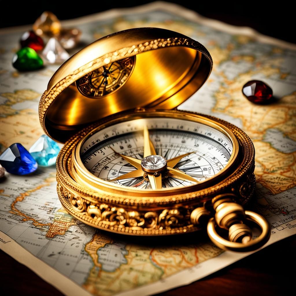 Golden Compass with Gemstones and Maps in HDR