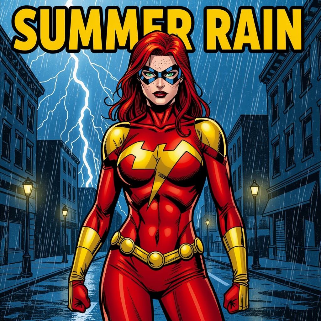 Comic Book Super Heroine in Rain-Soaked City