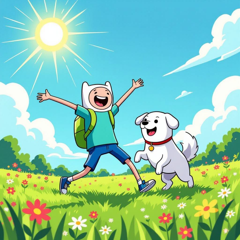 Finn Dancing Joyfully in Sunny Field Cartoon Style