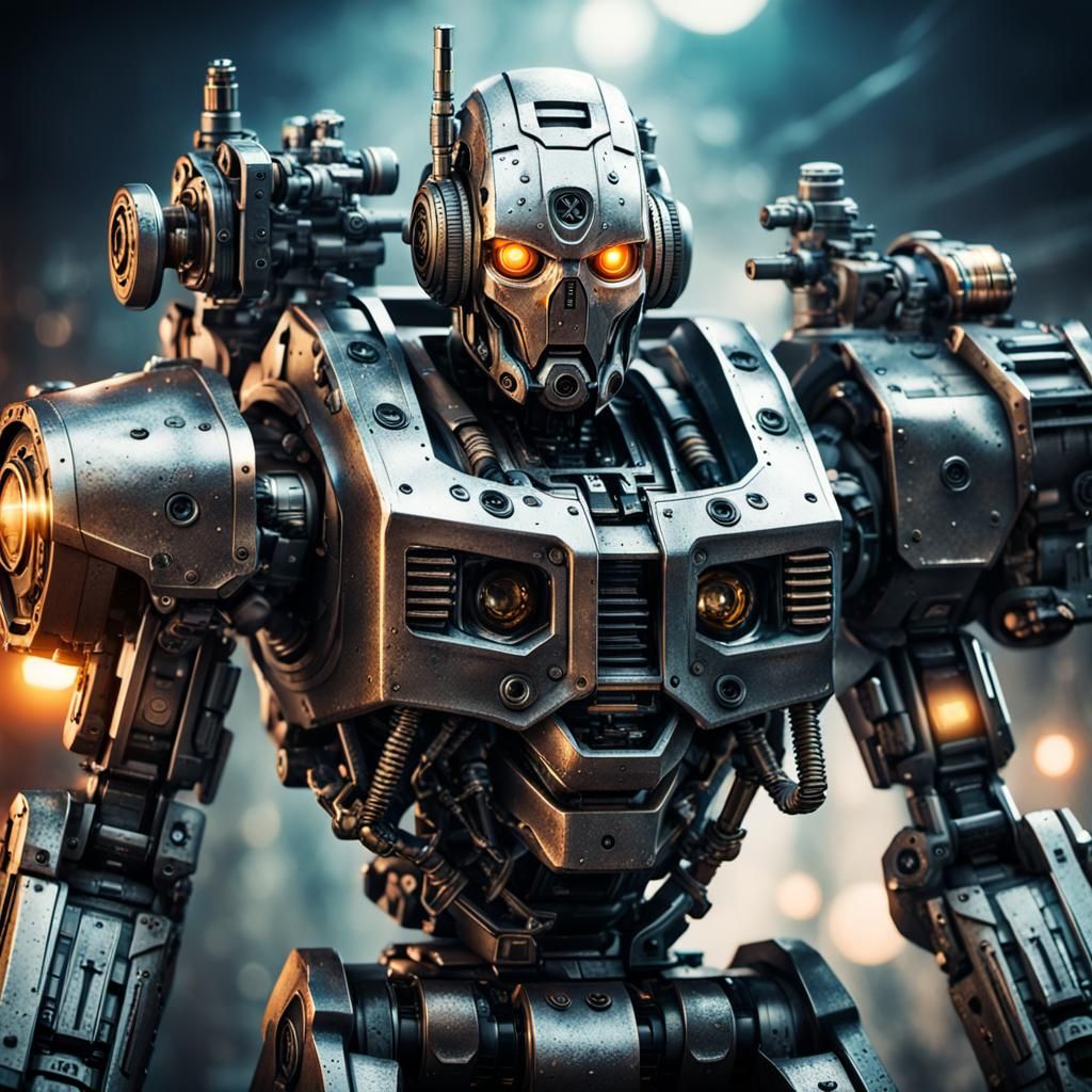 Humanoid Robot with Gun in Sci-Fi Action Scene