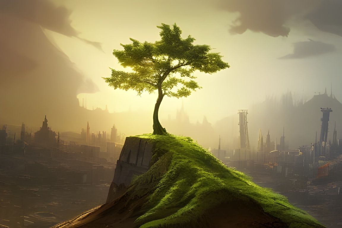 Resilient Tree Emerges from Wasteland in Detailed Rendering