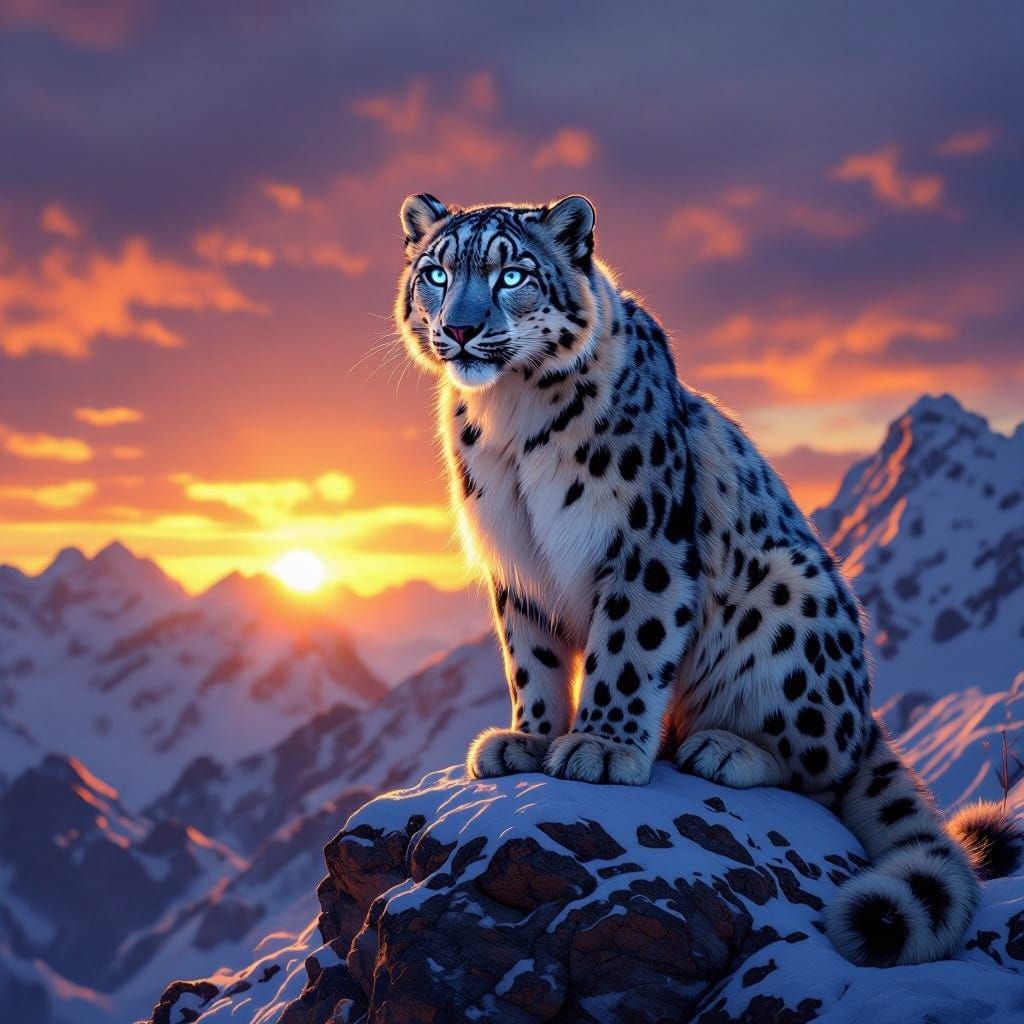 Majestic Snow Leopard in Cinematic Sunset Landscape