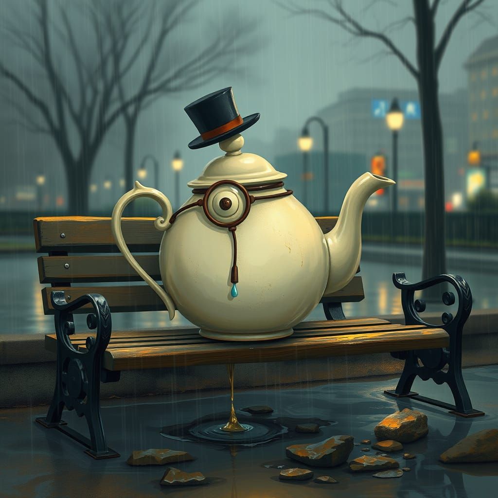 Anthropomorphic Teapot in Rain, Digital Art
