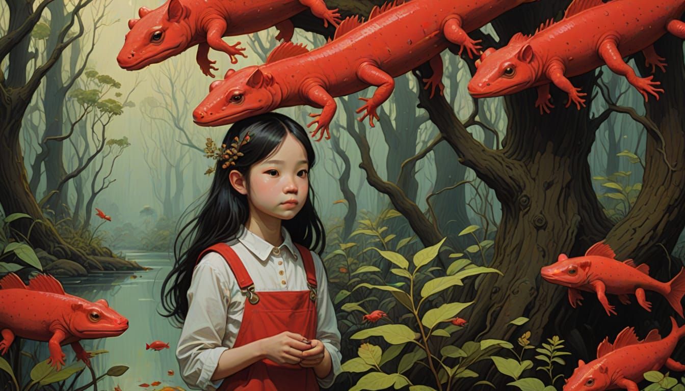 Cute Girl Surrounded by Axolotls in a Vibrant Red Tree