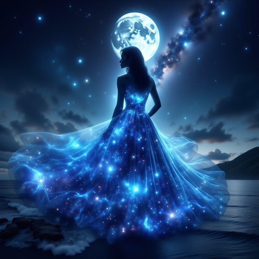 Moonlit Jewish Woman in Shimmering Gown, Digital Painting