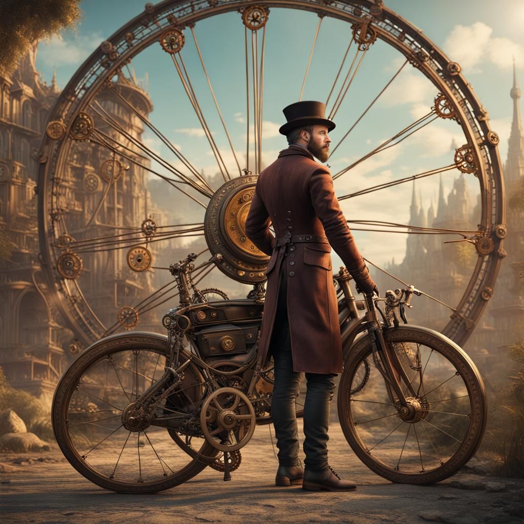 Steampunk Bicycle with Man, Detailed Matte Painting
