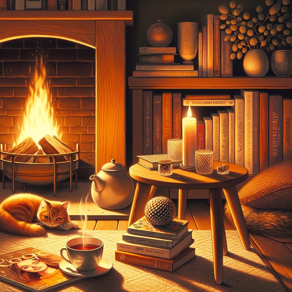 Cozy Evening Scene with Fireplace and Cat