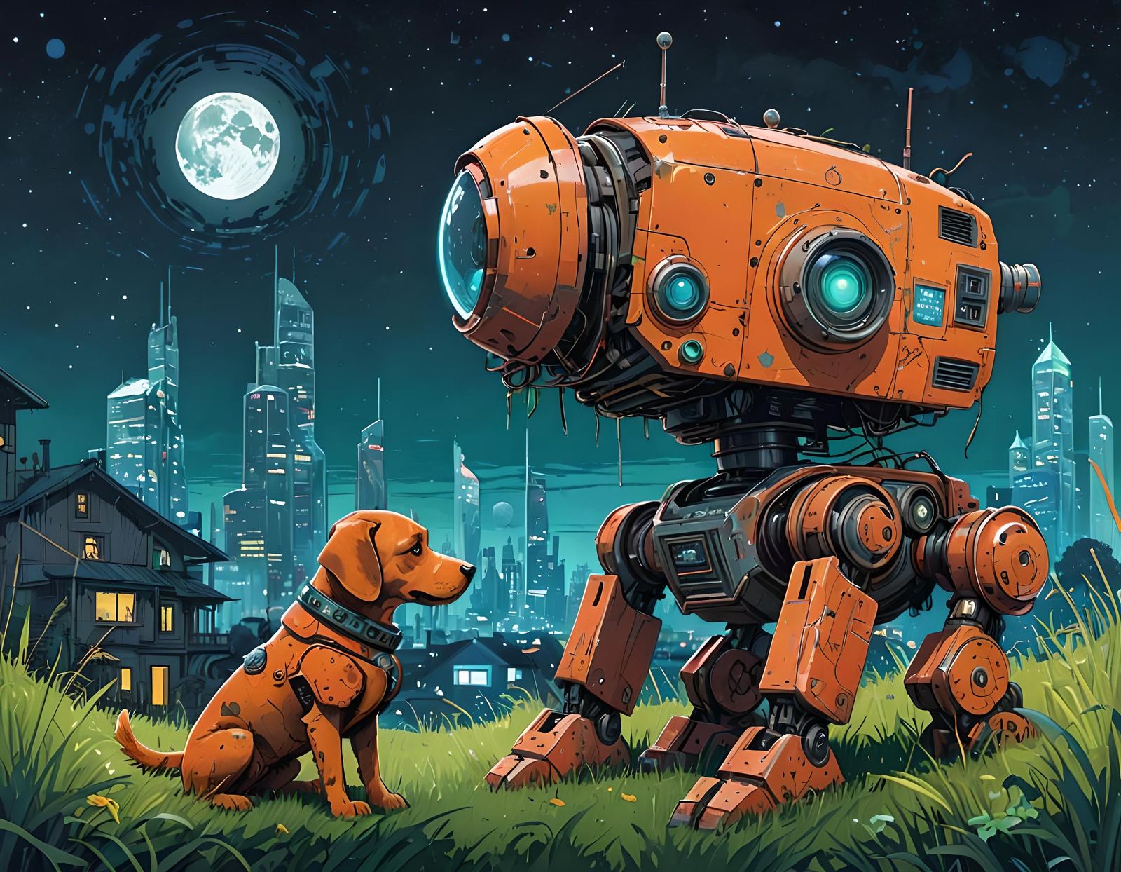 Robot and Space Dog in Cyberpunk Post-Impressionism
