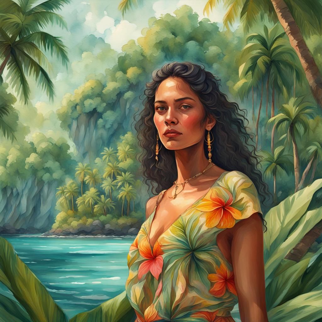 Dreamy Tropical Island Woman in Gouache Style