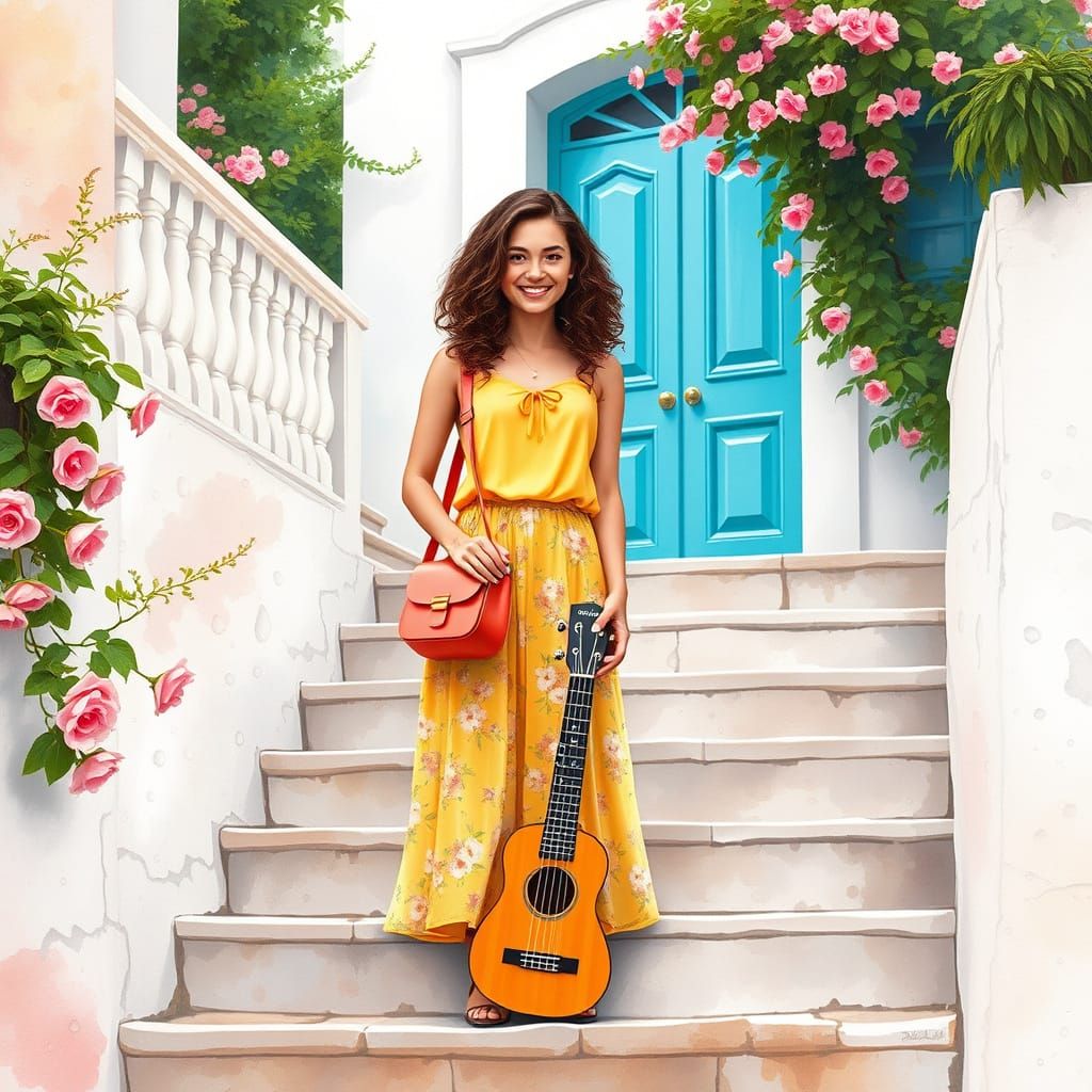 Young Woman on Stone Steps: Watercolor Hyper-Realism