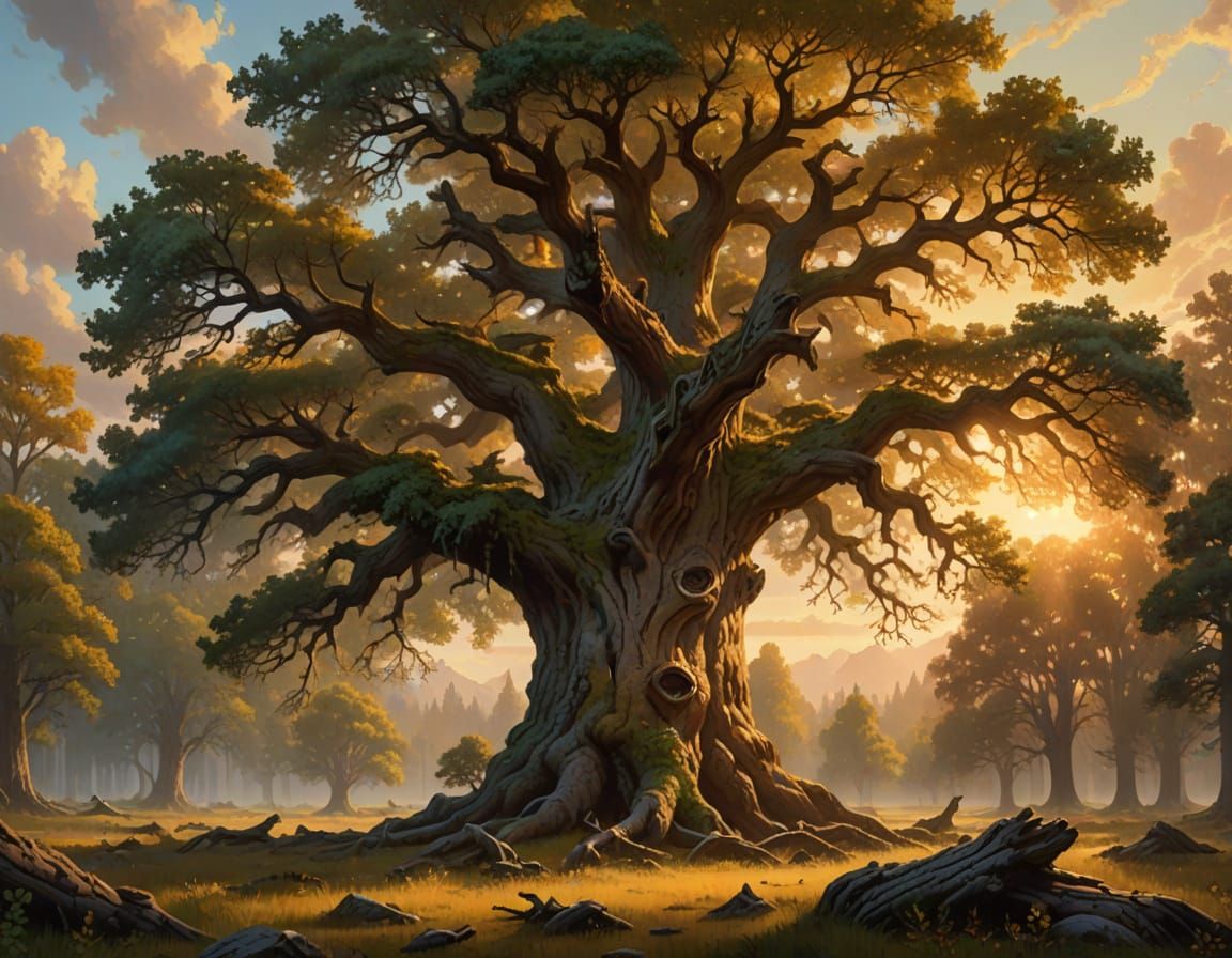 Majestic Ancient Oak Tree in Golden Hour Lighting