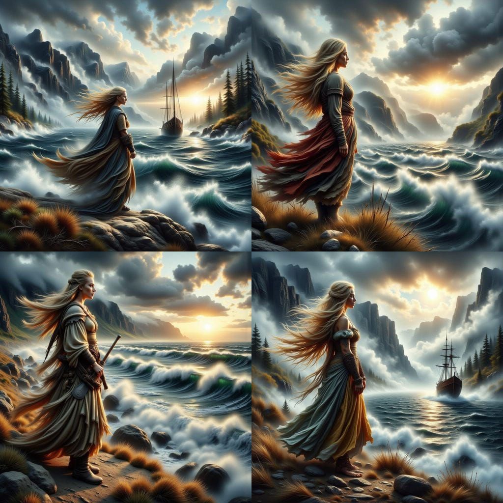 Viking Woman Stands on Fjord's Edge, Longing for Lover's Ret...