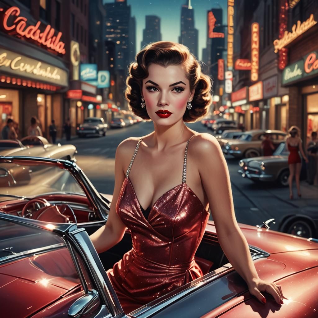 Retro-Futuristic Pin-Up Girl in Cadillac, Digital Art