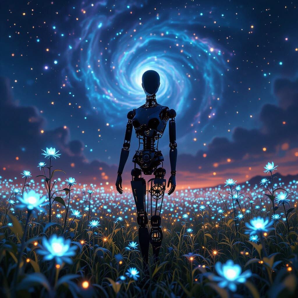 Antique Mannequin in Cosmic Garden with Clockwork Flora