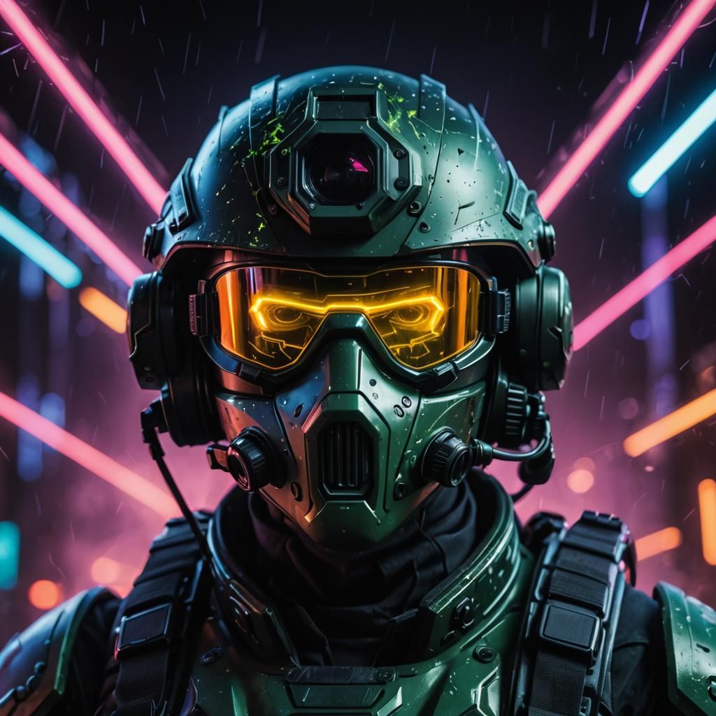 Futuristic Soldier Portrait with Neon Glow