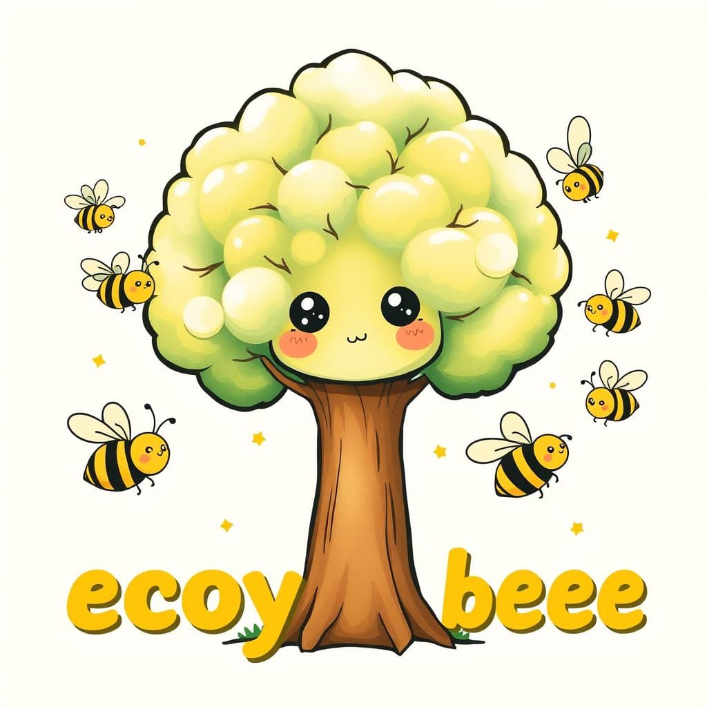 Whimsical Eco-Warrior Kawaii Tree with Bees in Retro Style