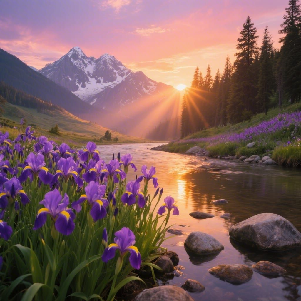 Golden Hour Landscape: River, Mountains, and Irises