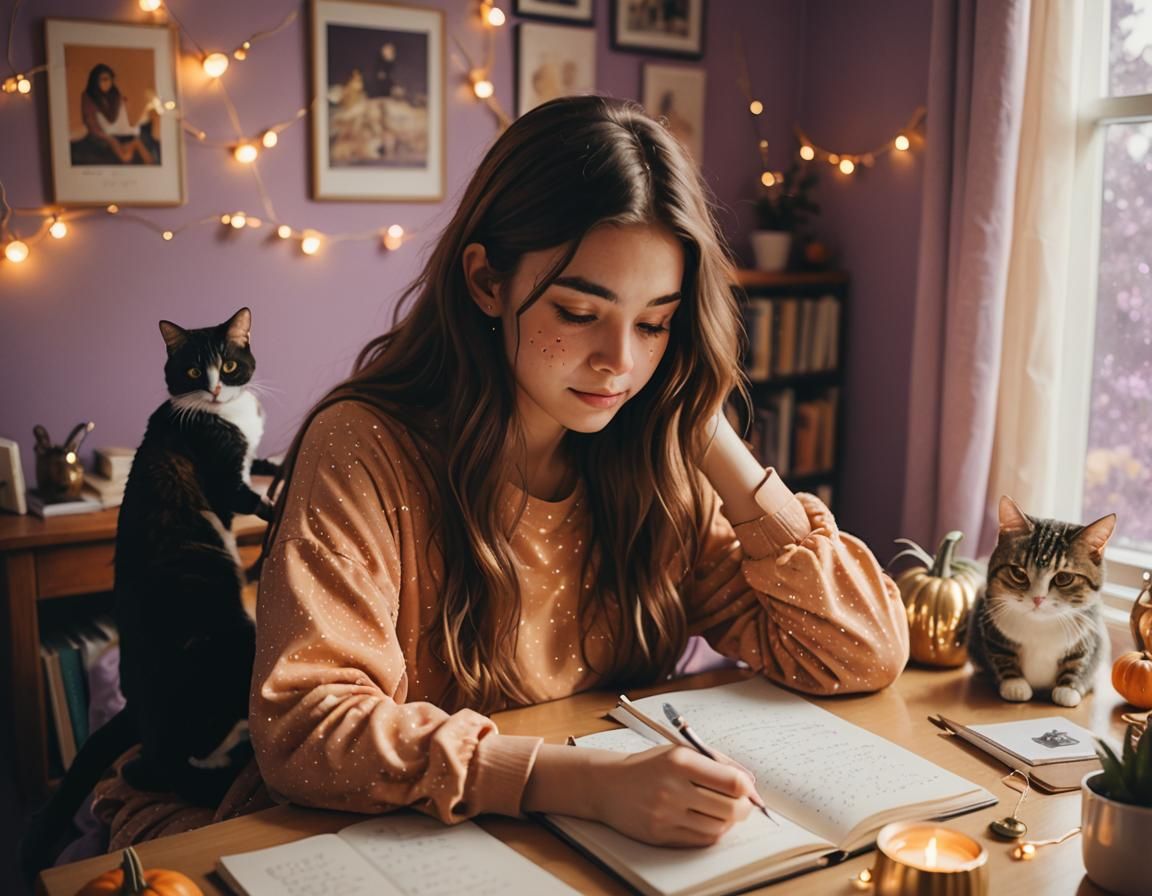 Lo-Fi Girl Journaling in Cozy Bedroom Artwork